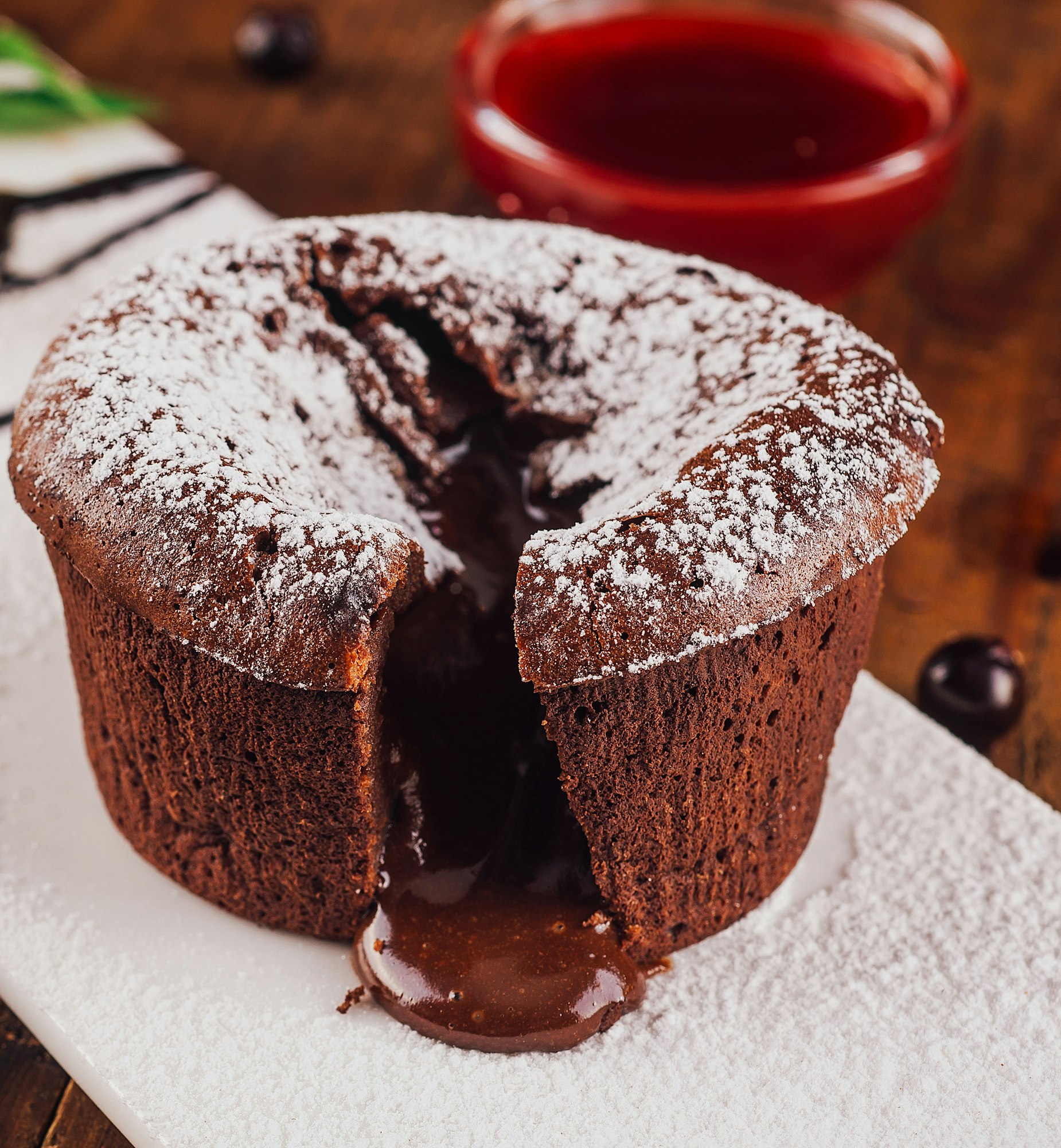 Delicious chocolate lava cake oozing with melted chocolate